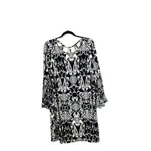 NWT MSK‎ Women 1X Plus Black & White Floral Shift Dress Strappy Bell Sleeves